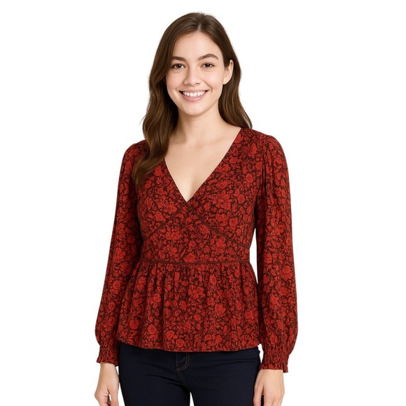 Knox Rose Tops - Knox Rose Top Large Red Floral Pullover VNeck Elastic Cuffs Peplum Boho Chic NEW